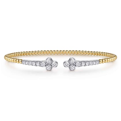 14K White  Yellow Gold Bujukan and Diamond Clover Open Bangle Bracelet