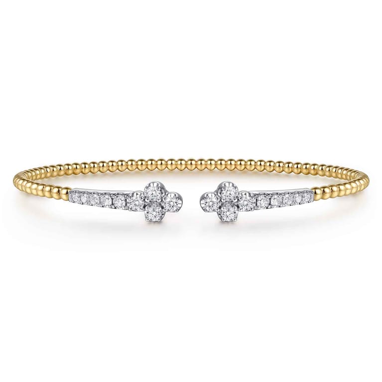 14K White  Yellow Gold Bujukan and Diamond Clover Open Bangle Bracelet - 0.6 ct - Shot 1
