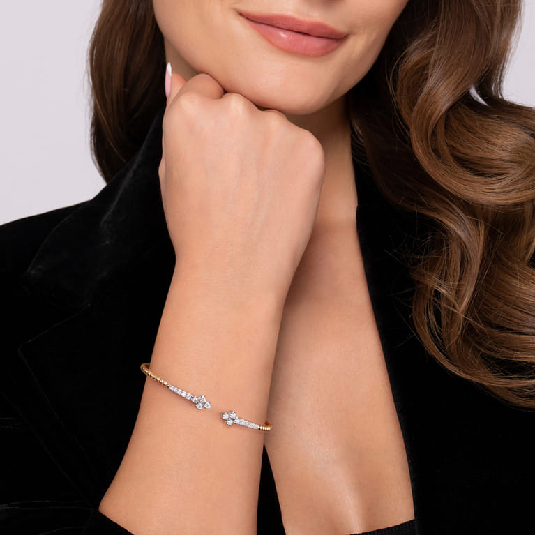 14K White  Yellow Gold Bujukan and Diamond Clover Open Bangle Bracelet - 0.6 ct - Shot 4