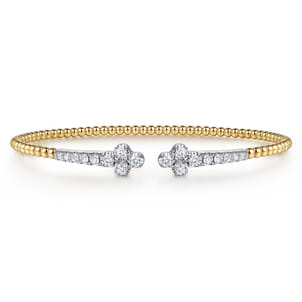 14K White  Yellow Gold Bujukan and Diamond Clover Open Bangle Bracelet