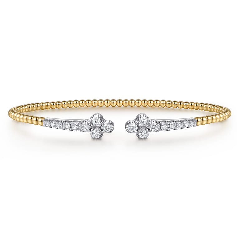 14K White  Yellow Gold Bujukan and Diamond Clover Open Bangle Bracelet - 0.6 ct - Shot 1