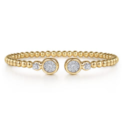 14K White  Yellow Gold Bujukan and Diamond Cluster Bezel Open Bangle Bracelet