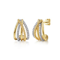 14K White  Yellow Gold Bujukan and Diamond Criss Cross J Hoop Earrings