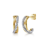 14K White  Yellow Gold Bujukan and Diamond Criss Cross J Hoop Earrings