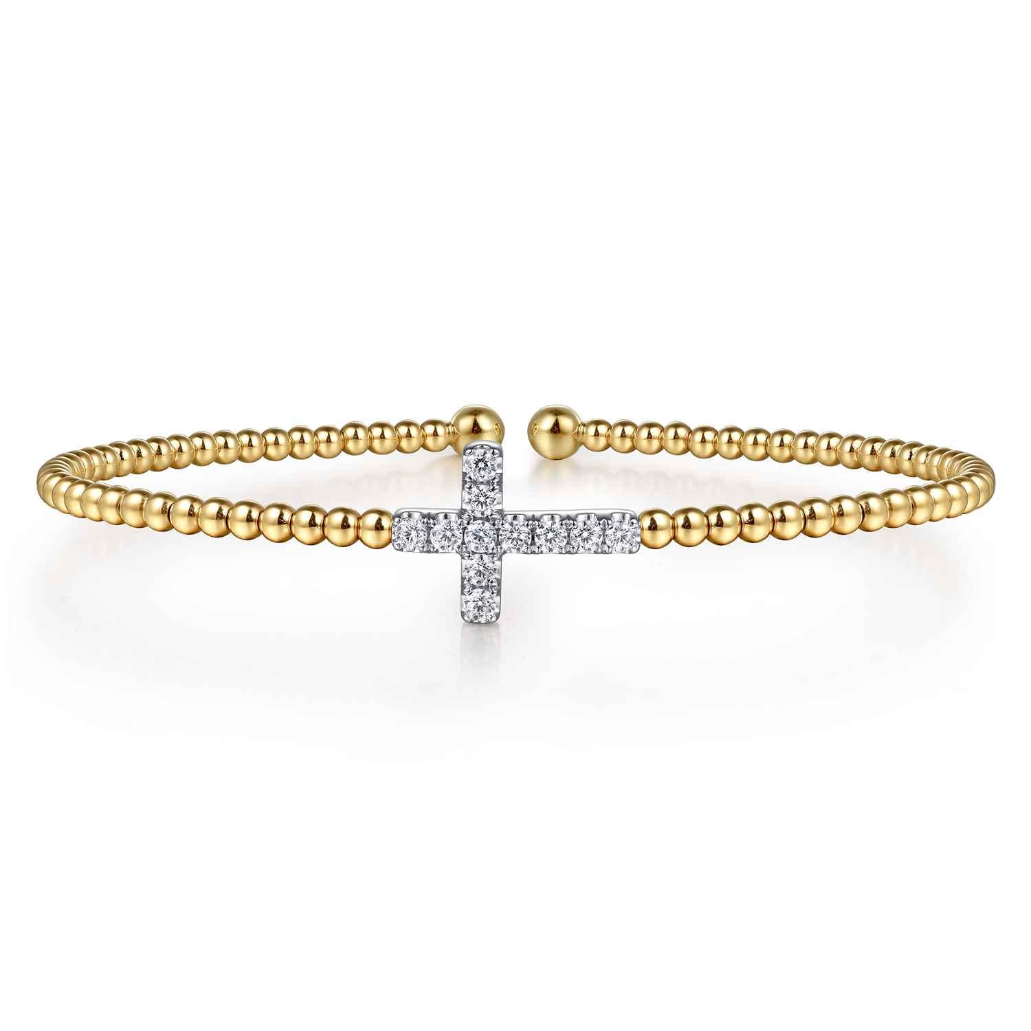 14K White  Yellow Gold Bujukan and Diamond Cross Split Bangle Bracelet - 0.28 ct - Shot 1