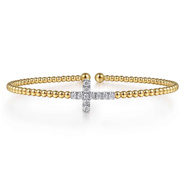 14K White  Yellow Gold Bujukan and Diamond Cross Split Bangle Bracelet - 0.28 ct - Shot 1