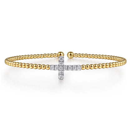 14K White  Yellow Gold Bujukan and Diamond Cross Split Bangle Bracelet