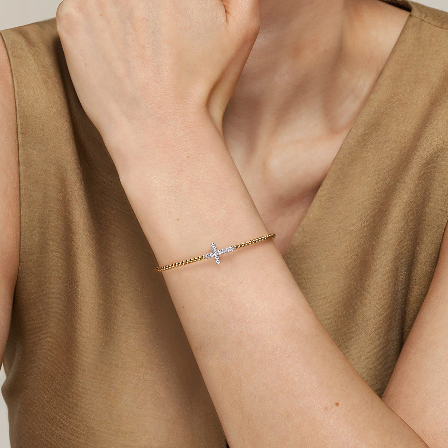 14K White  Yellow Gold Bujukan and Diamond Cross Split Bangle Bracelet