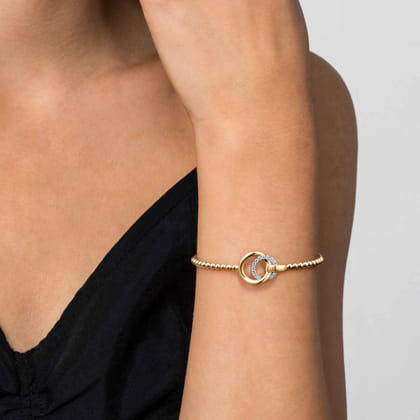 14K White  Yellow Gold Bujukan and Diamond Double Circle Bangle Bracelet