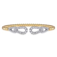 14K White  Yellow Gold Bujukan and Diamond Double Teardrop Open Bangle Bracelet