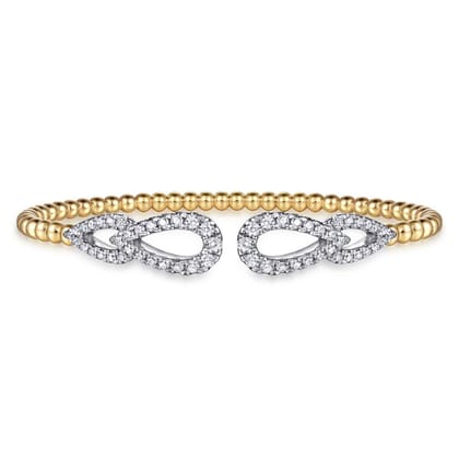 14K White  Yellow Gold Bujukan and Diamond Double Teardrop Open Bangle Bracelet