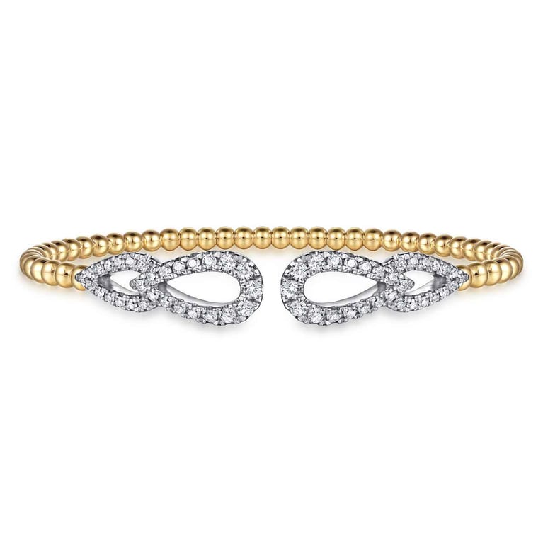 14K White  Yellow Gold Bujukan and Diamond Double Teardrop Open Bangle Bracelet - 0.85 ct - Shot 1