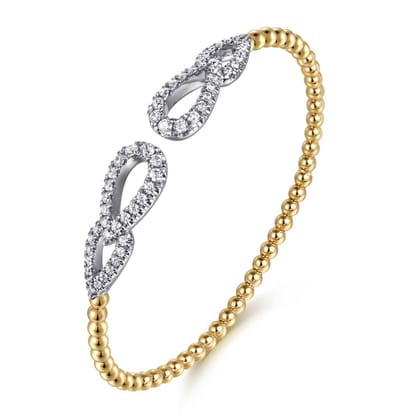 14K White  Yellow Gold Bujukan and Diamond Double Teardrop Open Bangle Bracelet