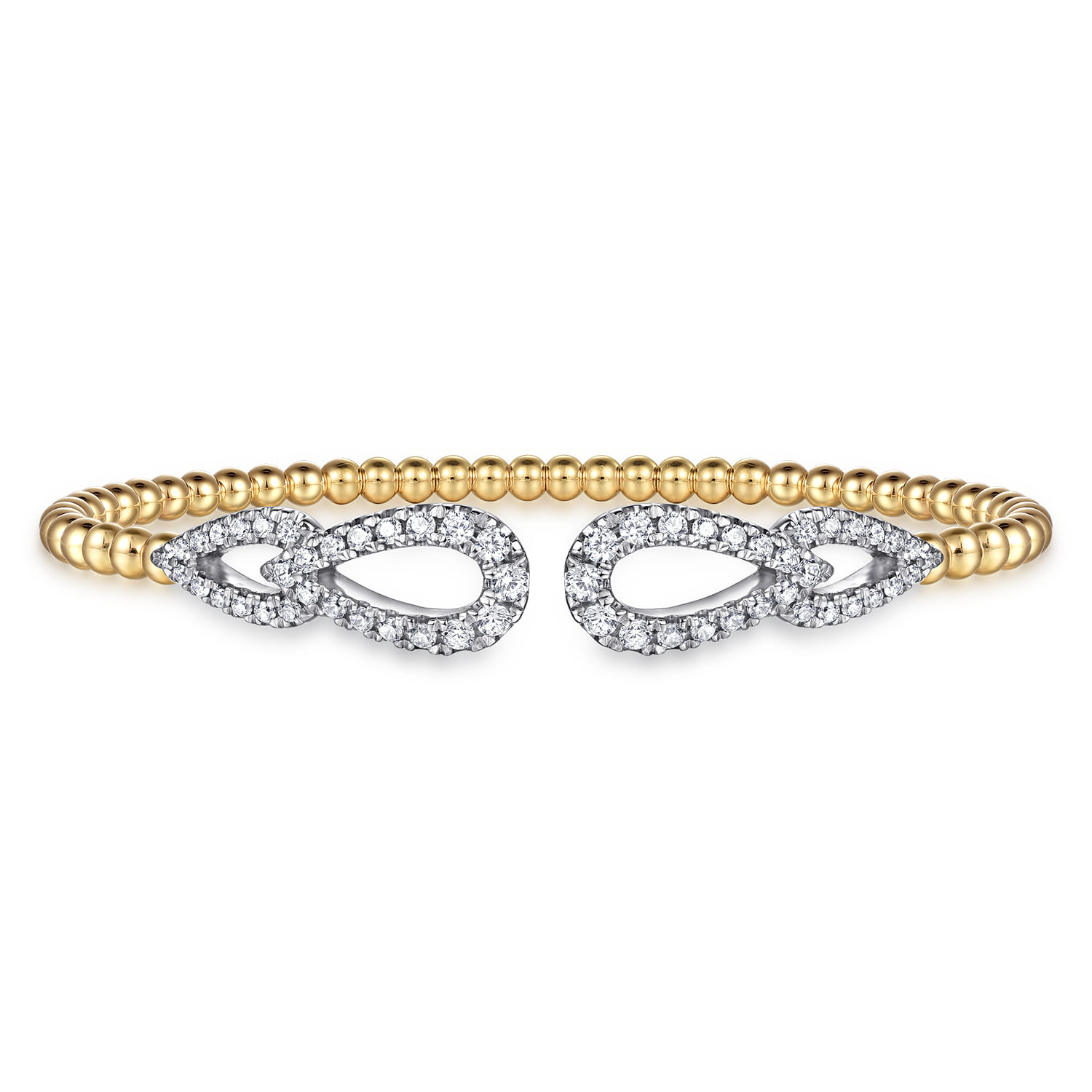 14K White  Yellow Gold Bujukan and Diamond Double Teardrop Open Bangle Bracelet - 0.85 ct - Shot 1