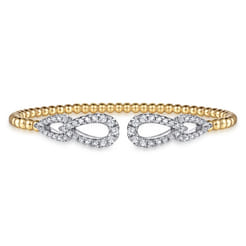 14K White  Yellow Gold Bujukan and Diamond Double Teardrop Open Bangle Bracelet