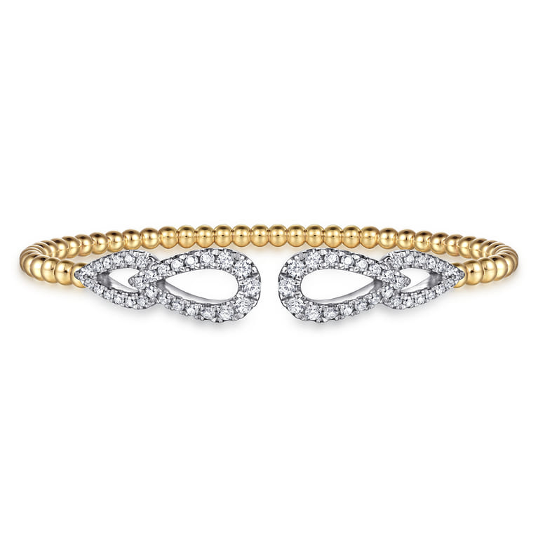 14K White  Yellow Gold Bujukan and Diamond Double Teardrop Open Bangle Bracelet - 0.85 ct - Shot 1