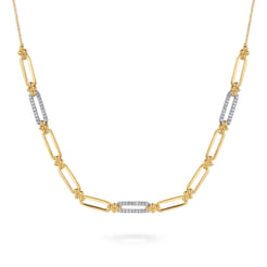 14K White  Yellow Gold Bujukan and Diamond Link Bar Necklace
