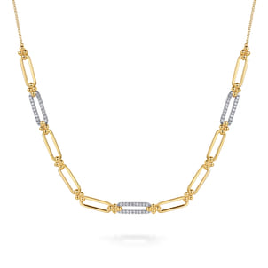 14K White  Yellow Gold Bujukan and Diamond Link Bar Necklace