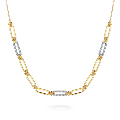 14K White  Yellow Gold Bujukan and Diamond Link Bar Necklace