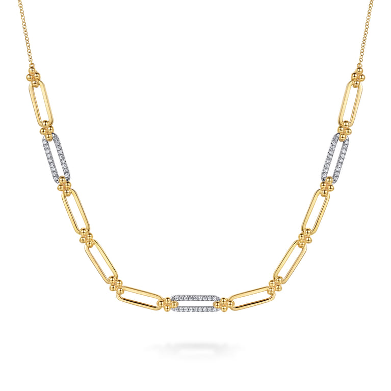 14K White  Yellow Gold Bujukan and Diamond Link Bar Necklace - 0.32 ct - Shot 1