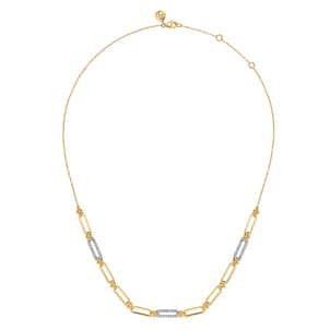 14K White  Yellow Gold Bujukan and Diamond Link Bar Necklace