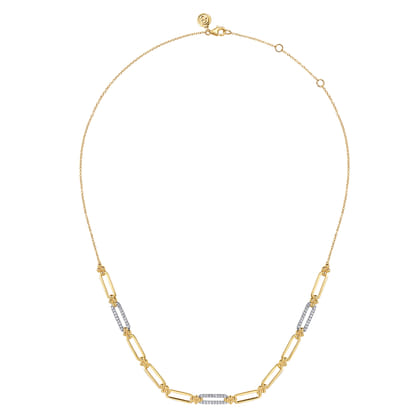 14K White  Yellow Gold Bujukan and Diamond Link Bar Necklace