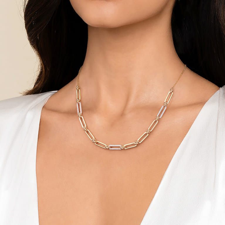 14K White  Yellow Gold Bujukan and Diamond Link Bar Necklace - 0.32 ct - Shot 3