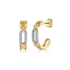 14K White  Yellow Gold Bujukan and Diamond Link Intricate Hoop Earrings