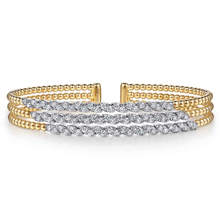 14K White  Yellow Gold Bujukan and Diamond Marquise Multi Row Split Bangle Bracelet - 1.4 ct - Shot 1