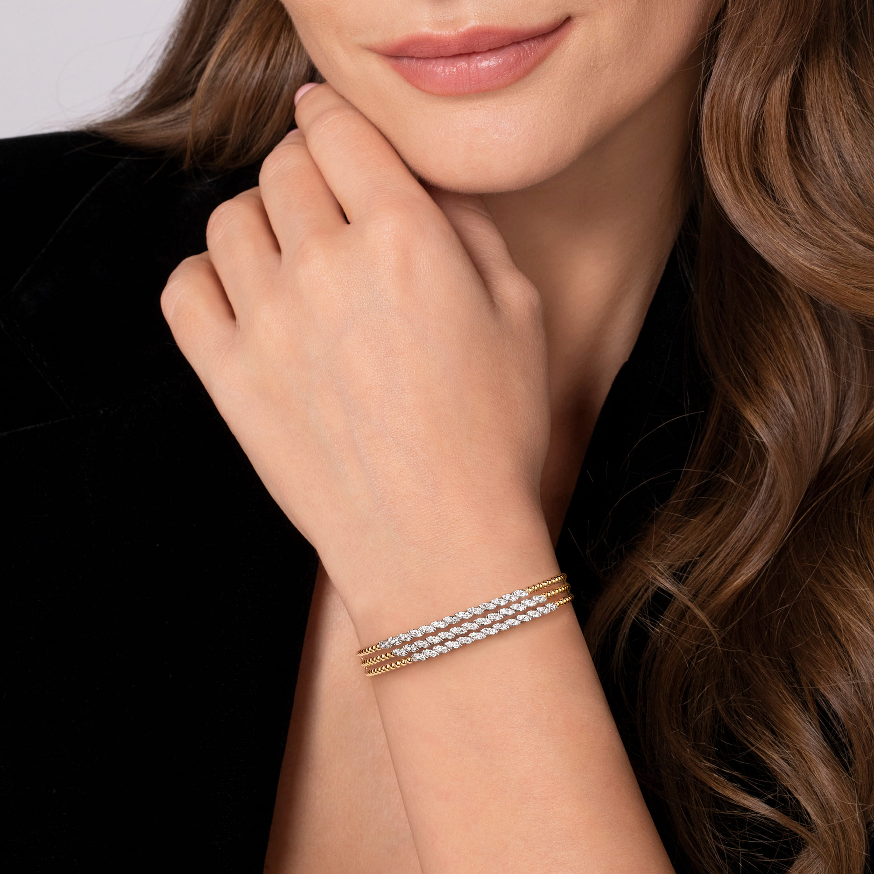 14K White  Yellow Gold Bujukan and Diamond Marquise Multi Row Split Bangle Bracelet - 1.4 ct - Shot 4