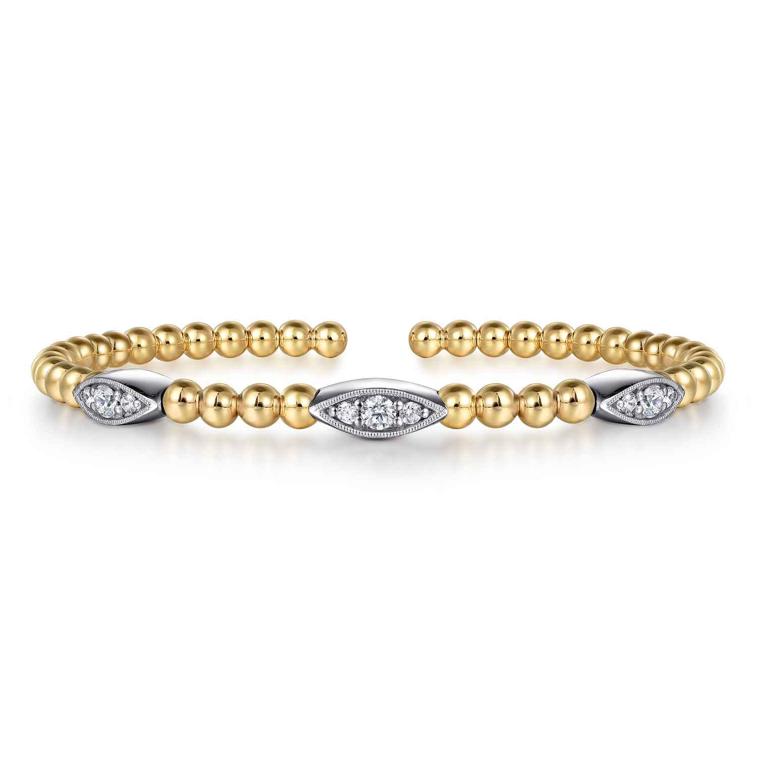 14K White  Yellow Gold Bujukan and Diamond Marquise Station Split Bangle Bracelet - 0.5 ct - Shot 1