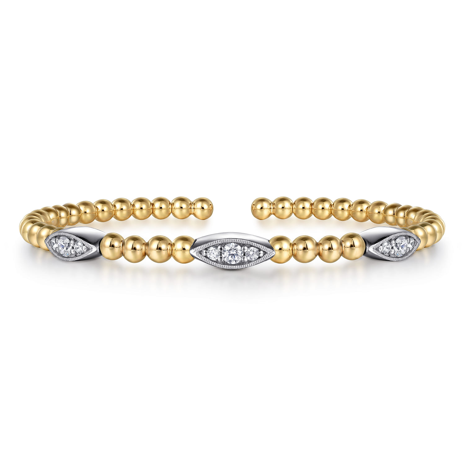 14K White  Yellow Gold Bujukan and Diamond Marquise Station Split Bangle Bracelet - 0.5 ct - Shot 1