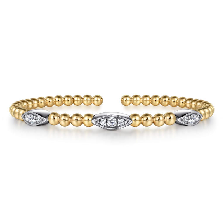14K White  Yellow Gold Bujukan and Diamond Marquise Station Split Bangle Bracelet - 0.5 ct - Shot 1