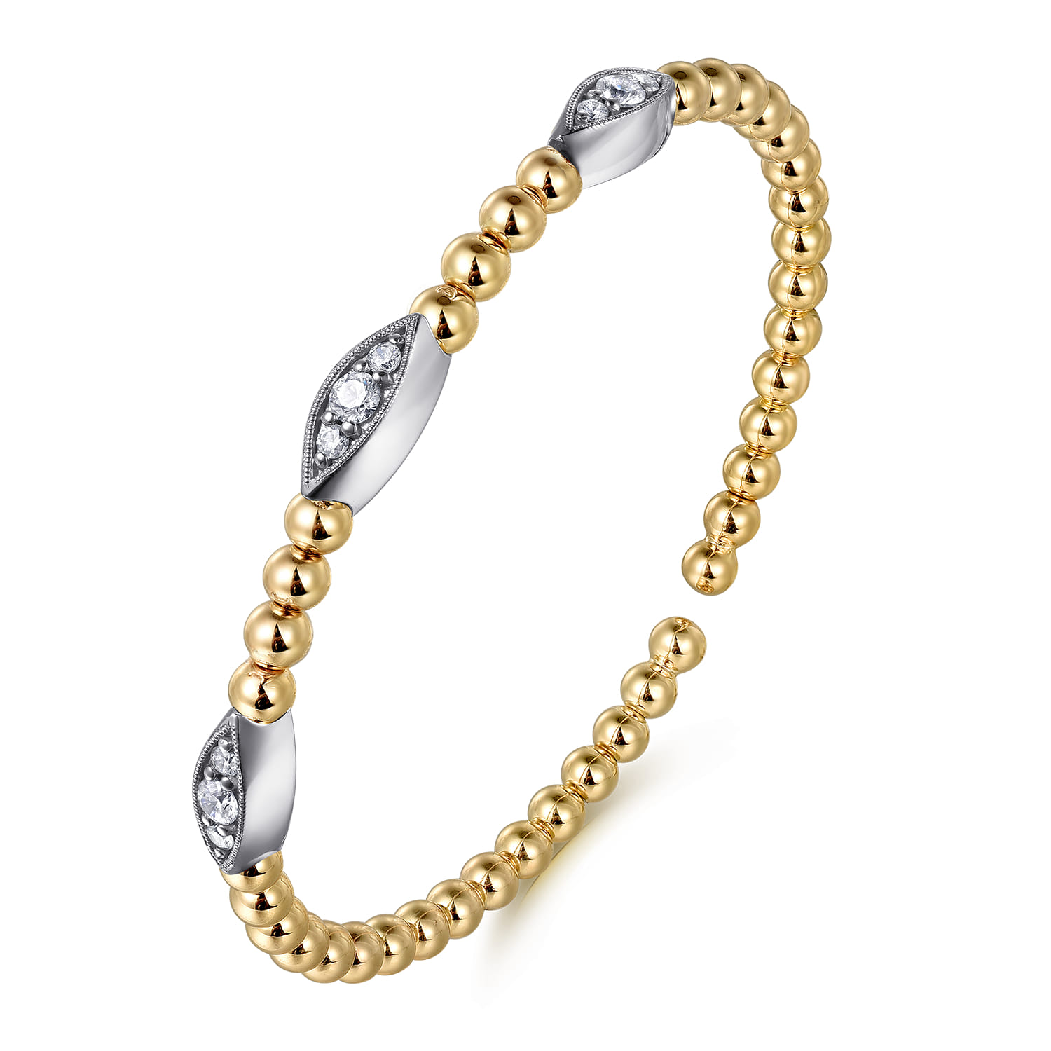 14K White  Yellow Gold Bujukan and Diamond Marquise Station Split Bangle Bracelet - 0.5 ct - Shot 2