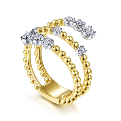14K White Yellow Gold Bujukan and Diamond Open Bypass Wrap Ring
