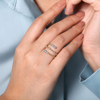 14K White Yellow Gold Bujukan and Diamond Open Bypass Wrap Ring