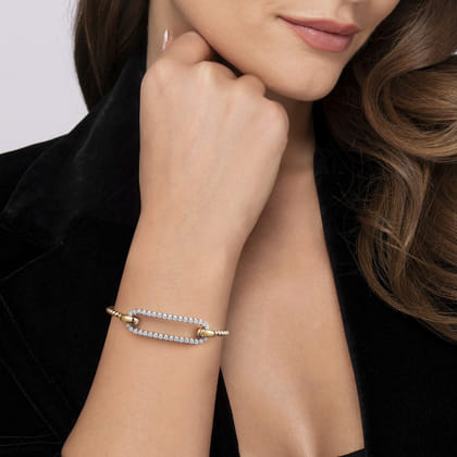 14K White  Yellow Gold Bujukan and Diamond Oval Link Bangle Bracelet