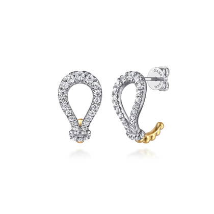 14K White  Yellow Gold Bujukan and Diamond Stirrup J Hoop Earrings