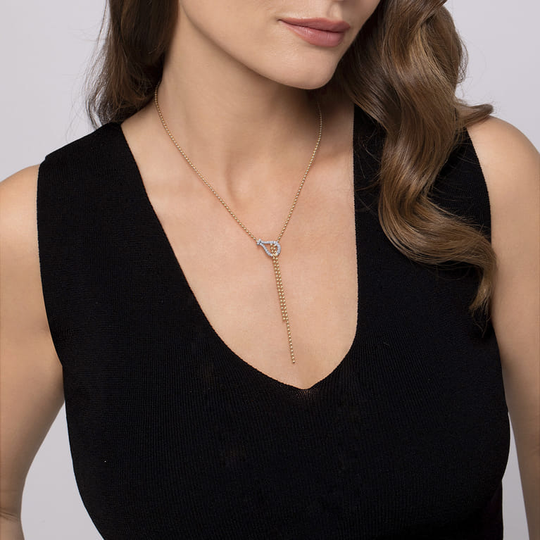 14K White  Yellow Gold Bujukan and Diamond Stirrup Y Necklace - 0.3 ct - Shot 3