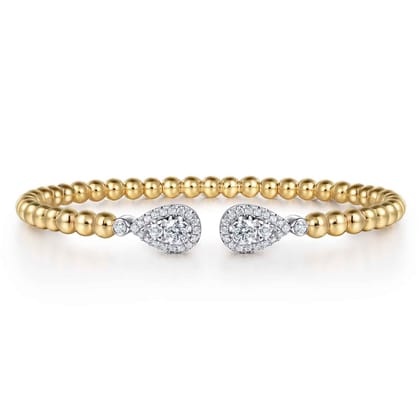 14K White  Yellow Gold Bujukan and Diamond Teardrop Open Bangle Bracelet