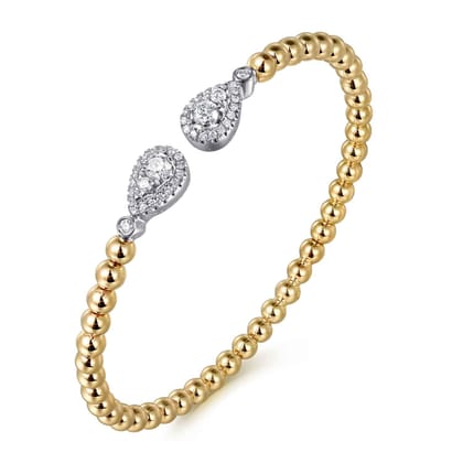 14K White  Yellow Gold Bujukan and Diamond Teardrop Open Bangle Bracelet