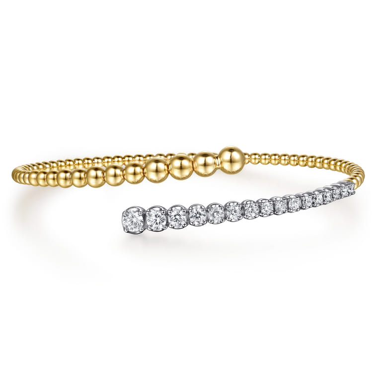 14K White  Yellow Gold Bujukan and Graduating Diamond Bypass Bangle Bracelet - 0.75 ct - Shot 1