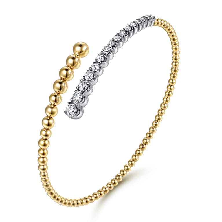 14K White  Yellow Gold Bujukan and Graduating Diamond Bypass Bangle Bracelet - 0.75 ct - Shot 2