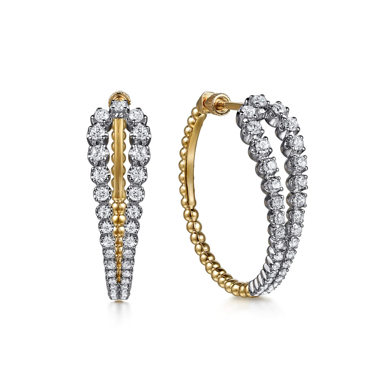 14K White  Yellow Gold Bujukan and Graduating Diamond Classic Hoop Earrings - 1.25 ct - Shot 1