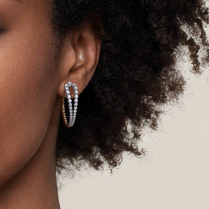 14K White  Yellow Gold Bujukan and Graduating Diamond Classic Hoop Earrings