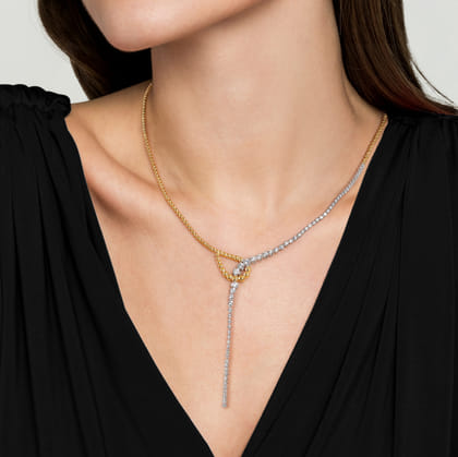 14K White  Yellow Gold Bujukan and Graduating Diamond Y Necklace