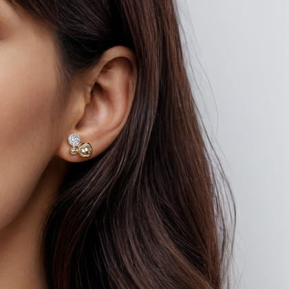 14K White  Yellow Gold Bujukan and Pave Diamond Stud Earrings