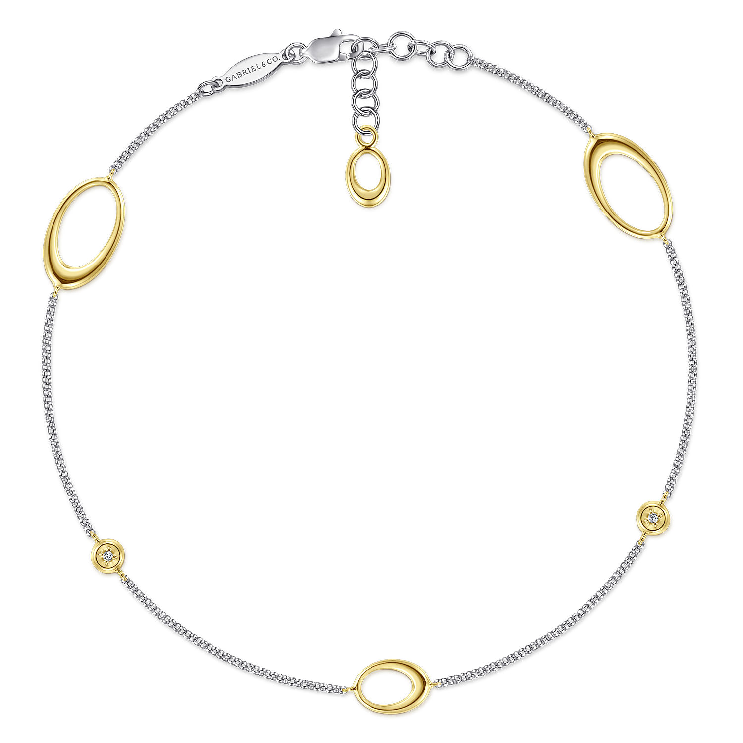 14K White-Yellow Gold Chain Ankle Bracelet with Oval Link Stations and Diamond Accents