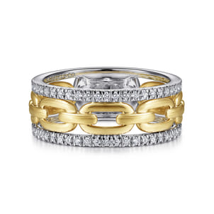 14K White-Yellow Gold Chain Link Diamond Border Ring