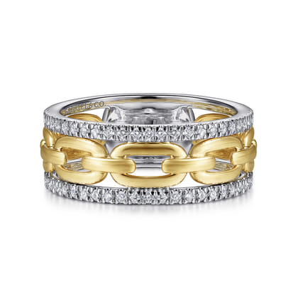 14K White-Yellow Gold Chain Link Diamond Border Ring